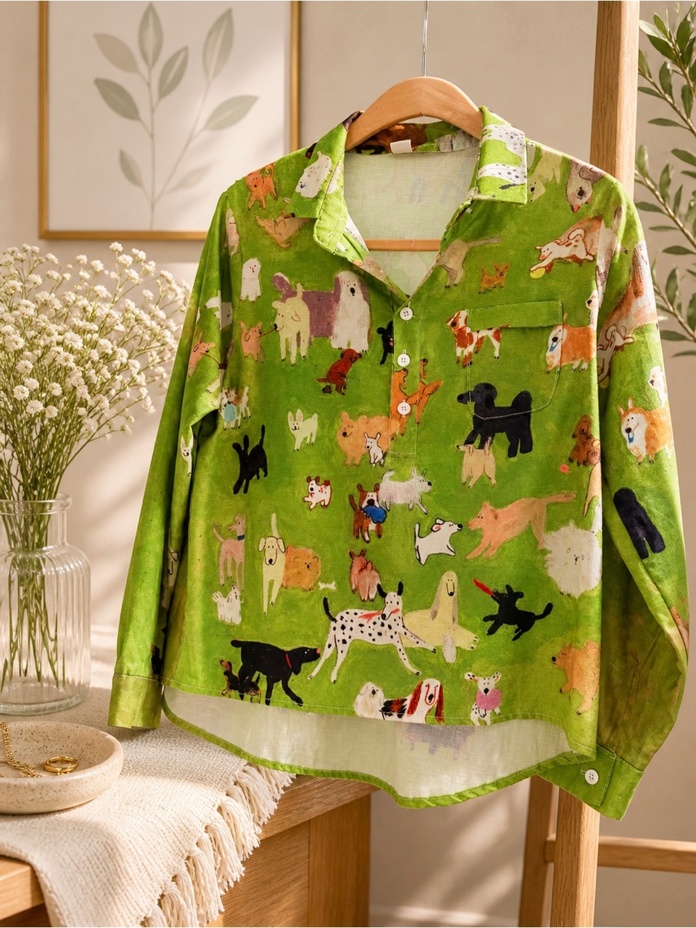 Green Dog Print Button-Up Shirt